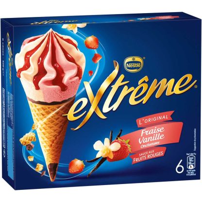 6 CONES EXTREME Fraise Vanille Sauce Fruits Rouges